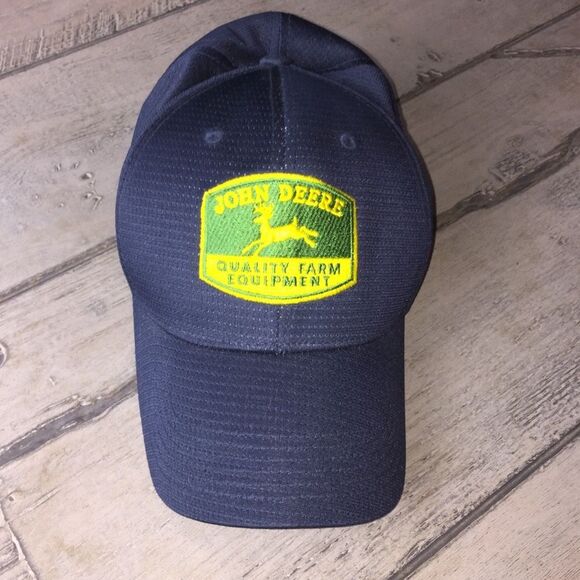 John Deere Navy Blue Memory Fit Hat Baseball Cap Farmer Farm County Fair - Picture 1 of 5